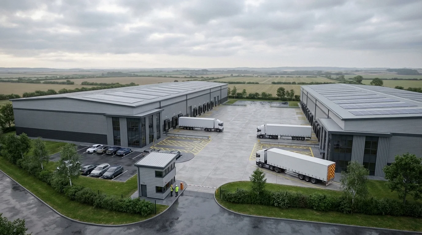 Aerial context CGI of the Golden Triangle Big-Box Logistics Park showing both Grade A warehouse units, service yard, rooftop PV array, and landscape bunds, by StratumCGI