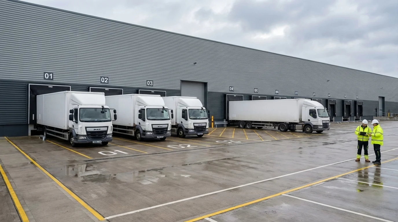 Service yard CGI showing reverse-docked articulated HGVs at the loading dock with hydraulic dock levellers, hatched HGV marshalling, and crash barriers, by StratumCGI