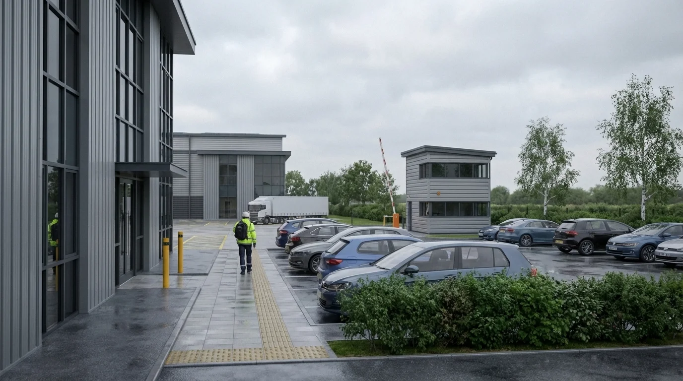 Pedestrian entrance CGI of the Golden Triangle Big-Box Logistics Park showing the office block, gatehouse, tactile paving, staff parking, and landscape planting, by StratumCGI