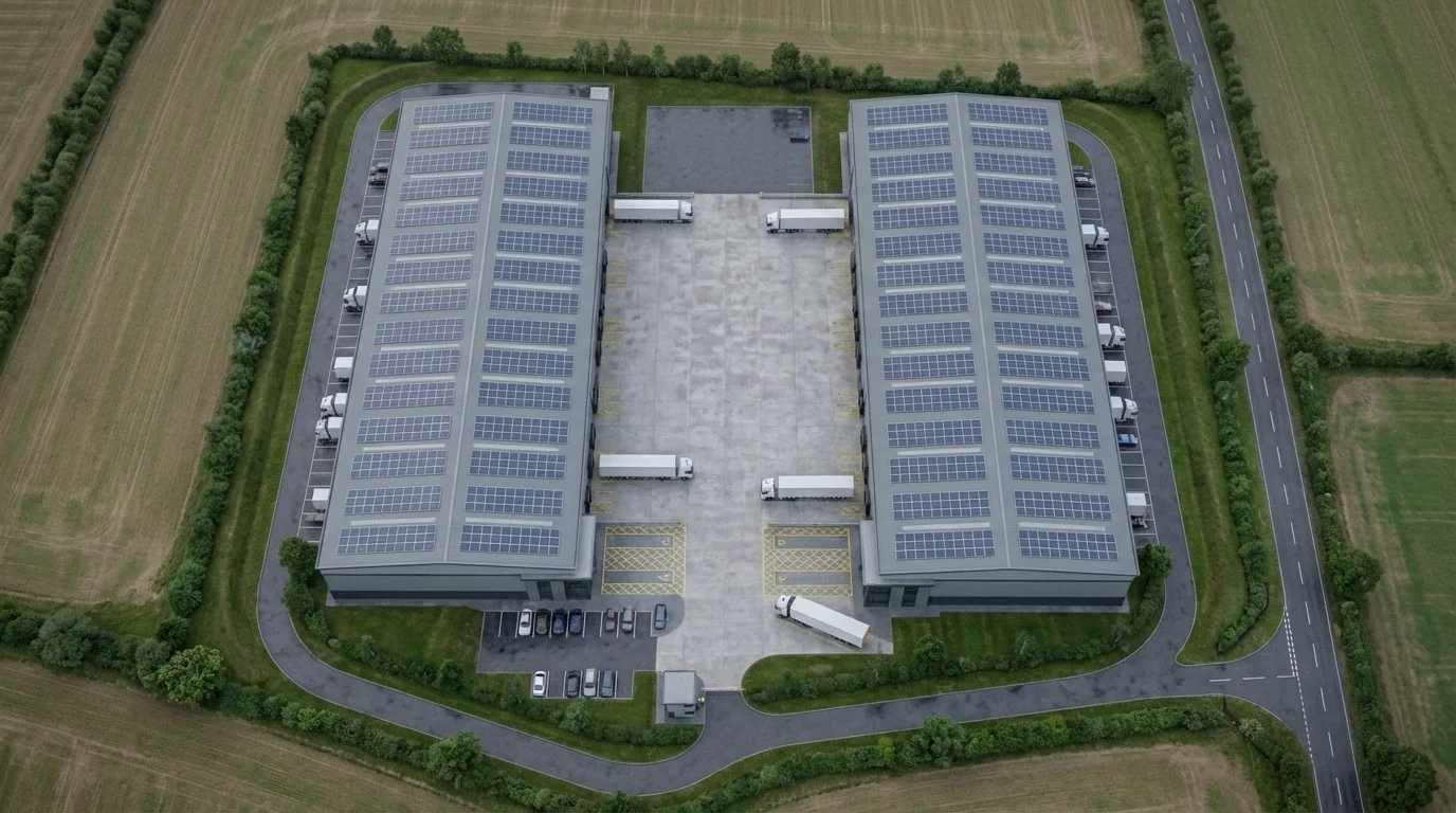 Masterplan CGI top-down aerial of the Golden Triangle Big-Box Logistics Park showing both Grade A units, service yard, PV array, and perimeter landscape bunds, by StratumCGI