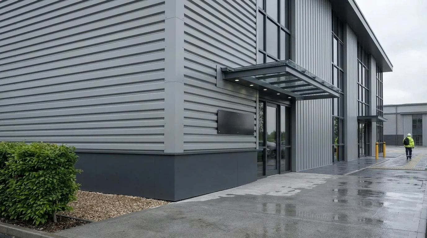 Facade detail CGI showing the charcoal plinth, ribbed RAL 7035 cladding, and curtain wall corner of the office block with entrance canopy, by StratumCGI