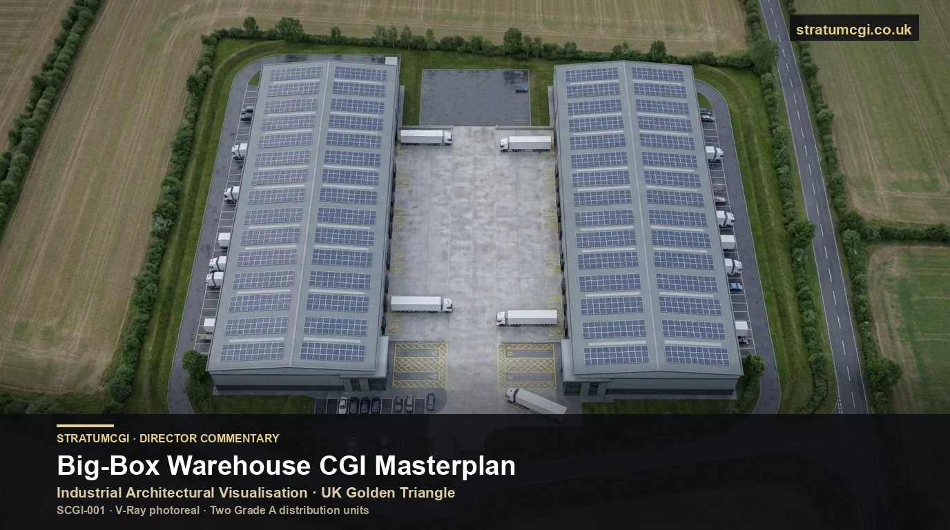 Industrial architectural visualisation of a big-box warehouse CGI masterplan for the UK Golden Triangle, two Grade A distribution units, V-Ray photoreal render by StratumCGI, director commentary frame from SCGI-001 anonymised case study