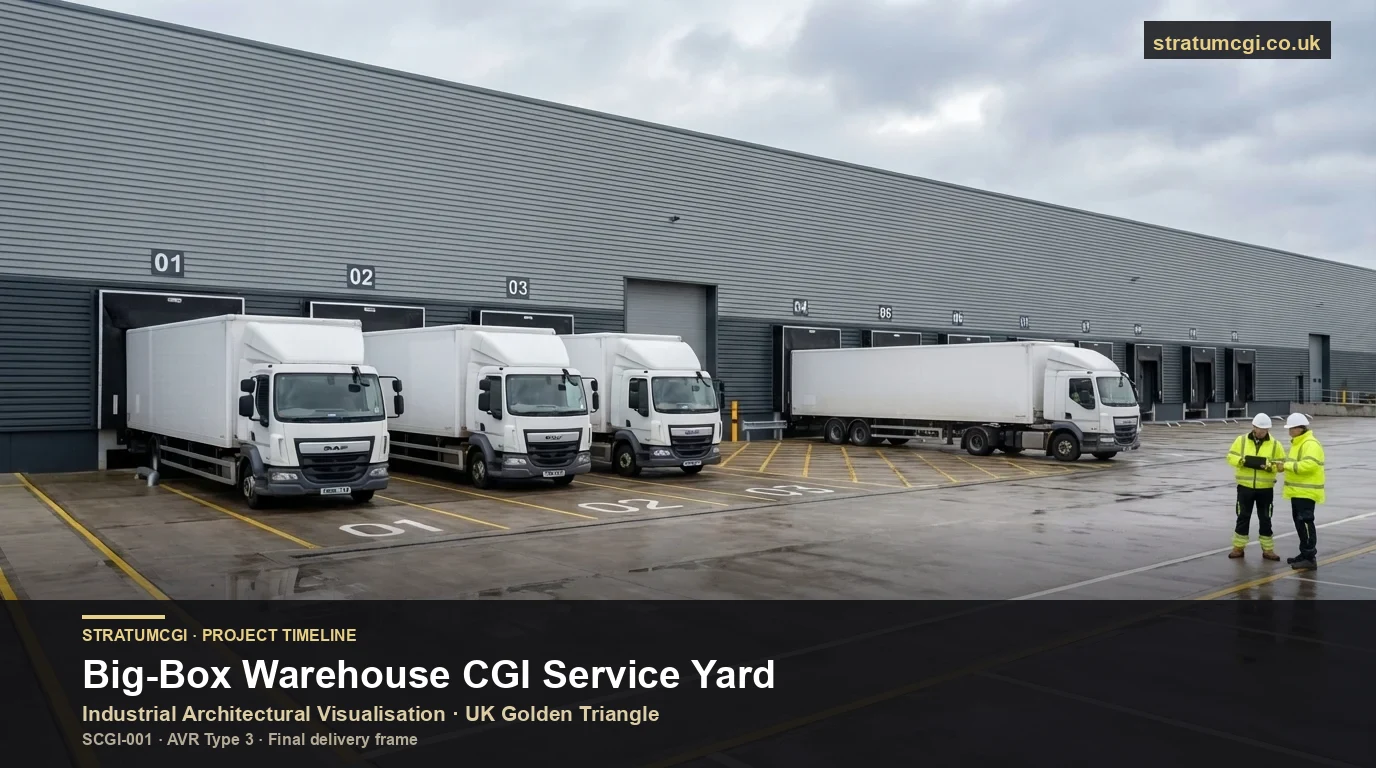 Industrial architectural visualisation of a big-box warehouse CGI service yard showing reverse-docked articulated HGVs at hydraulic dock levellers, UK Golden Triangle, AVR Type 3 final delivery frame by StratumCGI, SCGI-001 anonymised case study