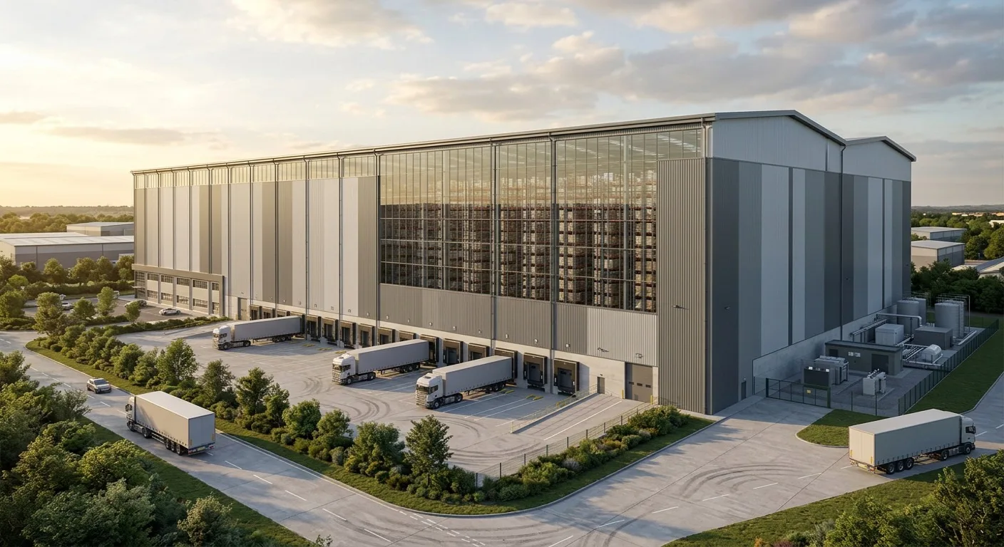 High-bay warehouse CGI, 3/4 exterior view showing 40m eaves height with full-height glazing revealing internal narrow-aisle racking tiers, docked articulated HGVs at the dock-face for scale, UK big-box logistics context