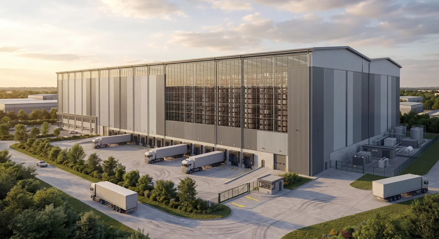 High-bay warehouse CGI, 3/4 exterior view showing 40m eaves height with full-height glazing revealing internal narrow-aisle racking tiers, docked articulated HGVs at the dock-face for scale, UK big-box logistics context