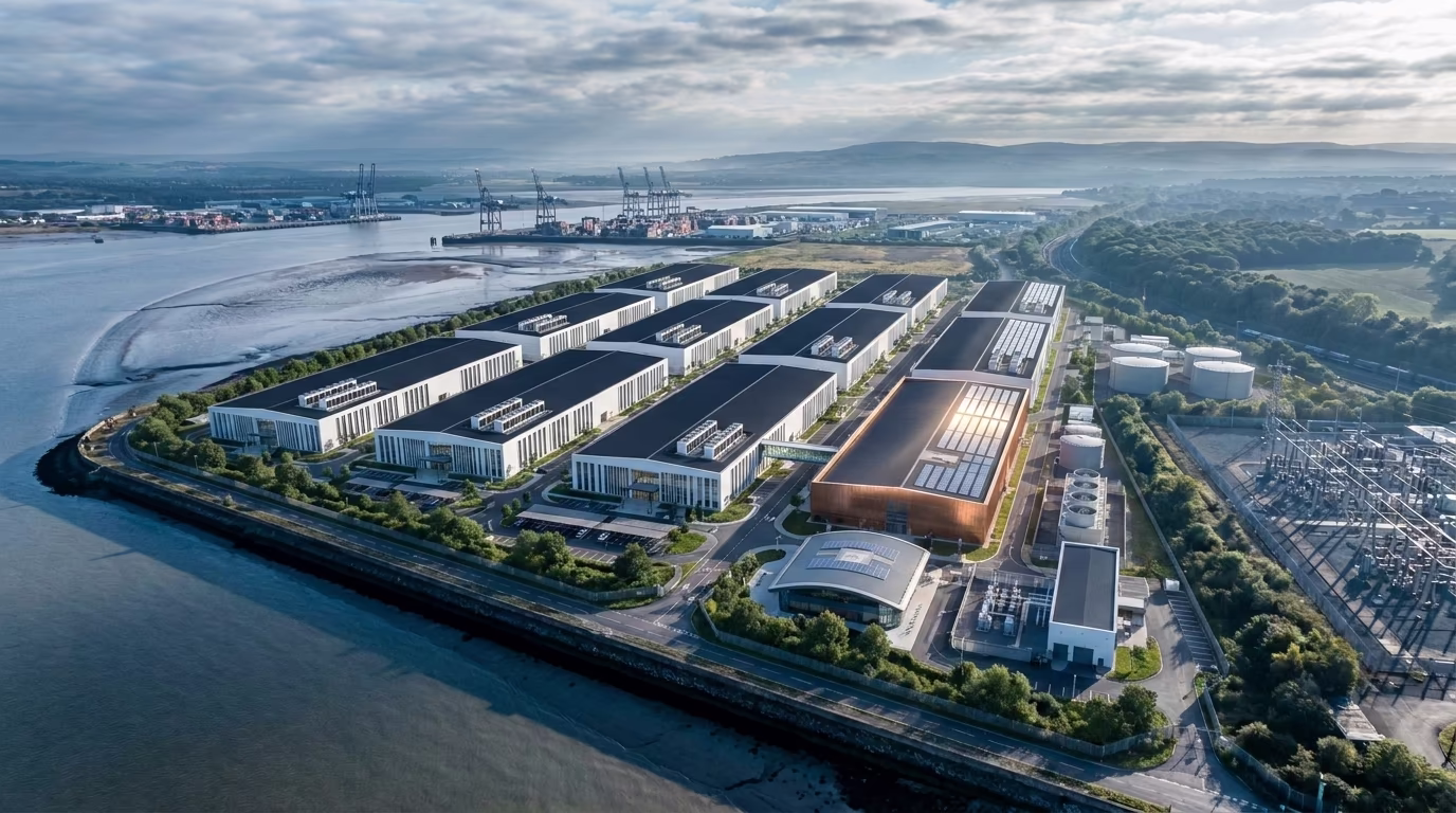 Hyperscale AI data centre campus aerial view after build-out, UK estuary brownfield with three-row GPU compute hall grid and waterfront cooling intake, photomontage after plate by StratumCGI