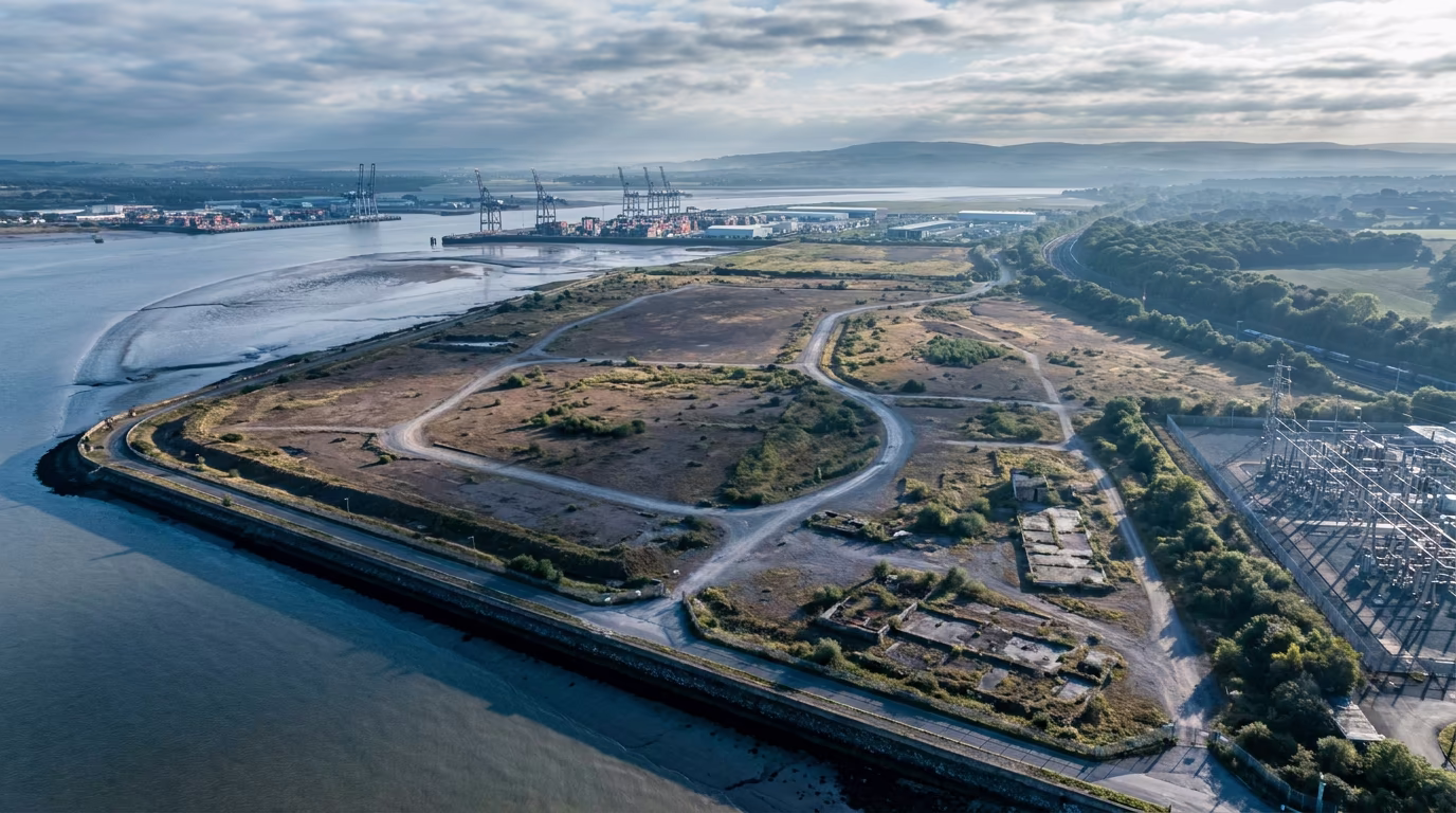 Estuary brownfield aerial view before hyperscale AI data centre campus build-out, UK tidal estuary site with sea wall, dock cranes, 400kV substation and freight rail spur, photomontage before plate by StratumCGI