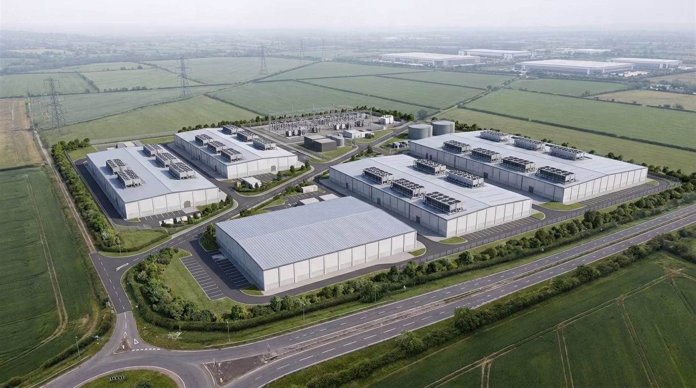 Hyperscale AI data centre campus aerial view after build-out, UK Midlands greenfield with multi-hall GPU compute campus and on-site substation, photomontage after plate by StratumCGI