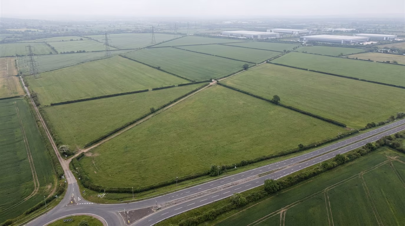Greenfield site aerial view before hyperscale AI data centre campus build-out, UK Midlands strategic land with dual carriageway access and 400kV pylon line, photomontage before plate by StratumCGI