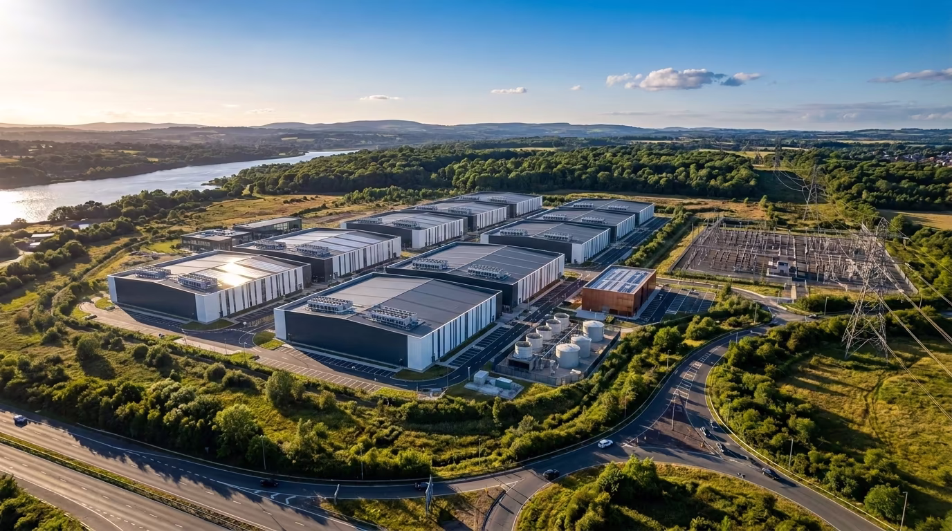 Hyperscale AI data centre campus aerial view after build-out, UK strategic employment land with multi-hall GPU compute facility and on-site grid connection, photomontage after plate by StratumCGI