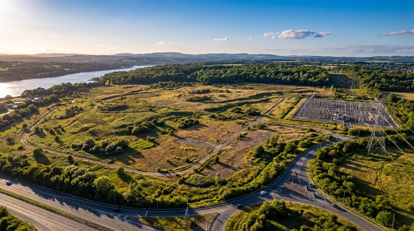 Strategic employment land aerial view before hyperscale AI data centre campus build-out, UK motorway junction site with adjacent 400kV substation and reservoir, photomontage before plate by StratumCGI