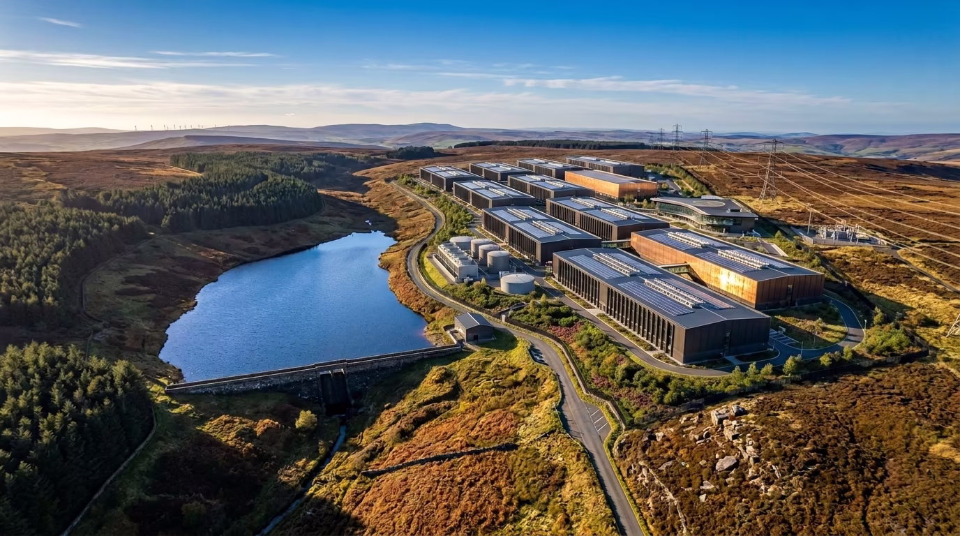 Hyperscale AI data centre campus aerial view after build-out, northern UK upland reservoir site with terraced GPU compute halls and closed-loop liquid cooling, photomontage after plate by StratumCGI