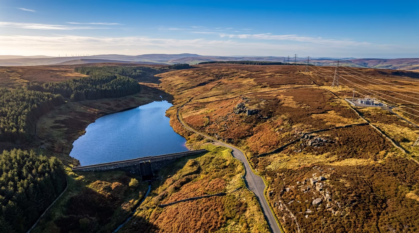 Upland reservoir aerial view before hyperscale AI data centre campus build-out, northern UK moorland plateau with reservoir, conifer plantation, and 400kV pylons, photomontage before plate by StratumCGI