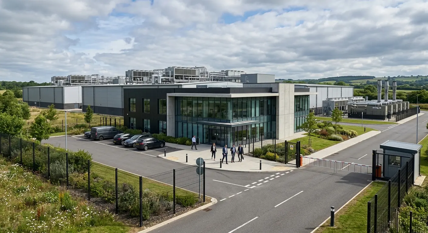 AI data centre campus CGI daylight ground-level view showing office frontage, cooling infrastructure, and pedestrian entrance activity