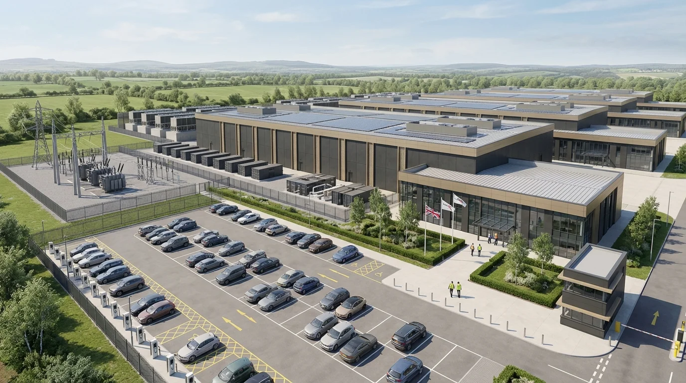 Hyperscale AI Data Centre Campus CGI (SCGI-003) showing four parallel data halls, liquid cooling plant, HV substation, and BESS compound in a UK four-hall GPU compute campus, anonymised industrial architectural visualisation by StratumCGI