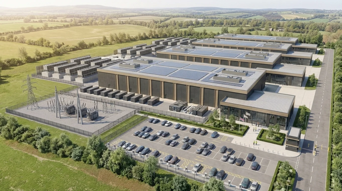 Aerial context CGI of the Hyperscale AI Data Centre Campus showing the data hall volume, chiller yard, backup generator line, on-site substation, and rooftop plant enclosures, by StratumCGI