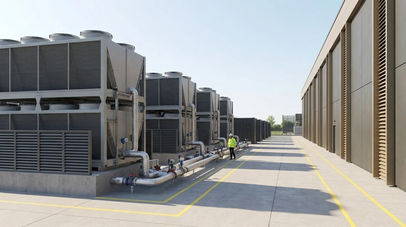 Liquid cooling plant CGI of the Hyperscale AI Data Centre Campus showing the dry cooler bank arrays on a raised concrete plinth, louvred acoustic screens, insulated warm-water piping manifolds, and the backup diesel generator line behind, by StratumCGI
