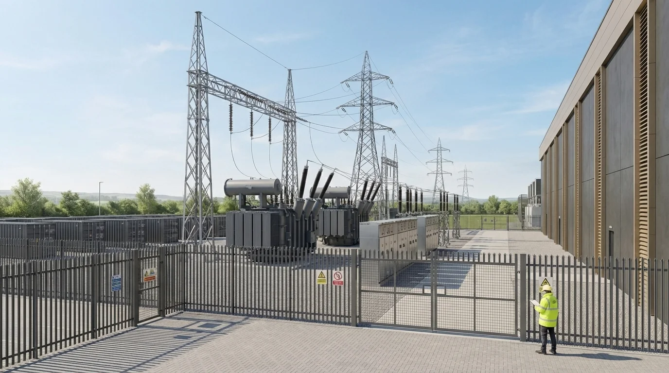 HV substation compound CGI of the Hyperscale AI Data Centre Campus showing the high voltage transformers, switchgear cabinets, grid incomer gantry pylons, BESS battery container compound, and double-layer security fence, by StratumCGI