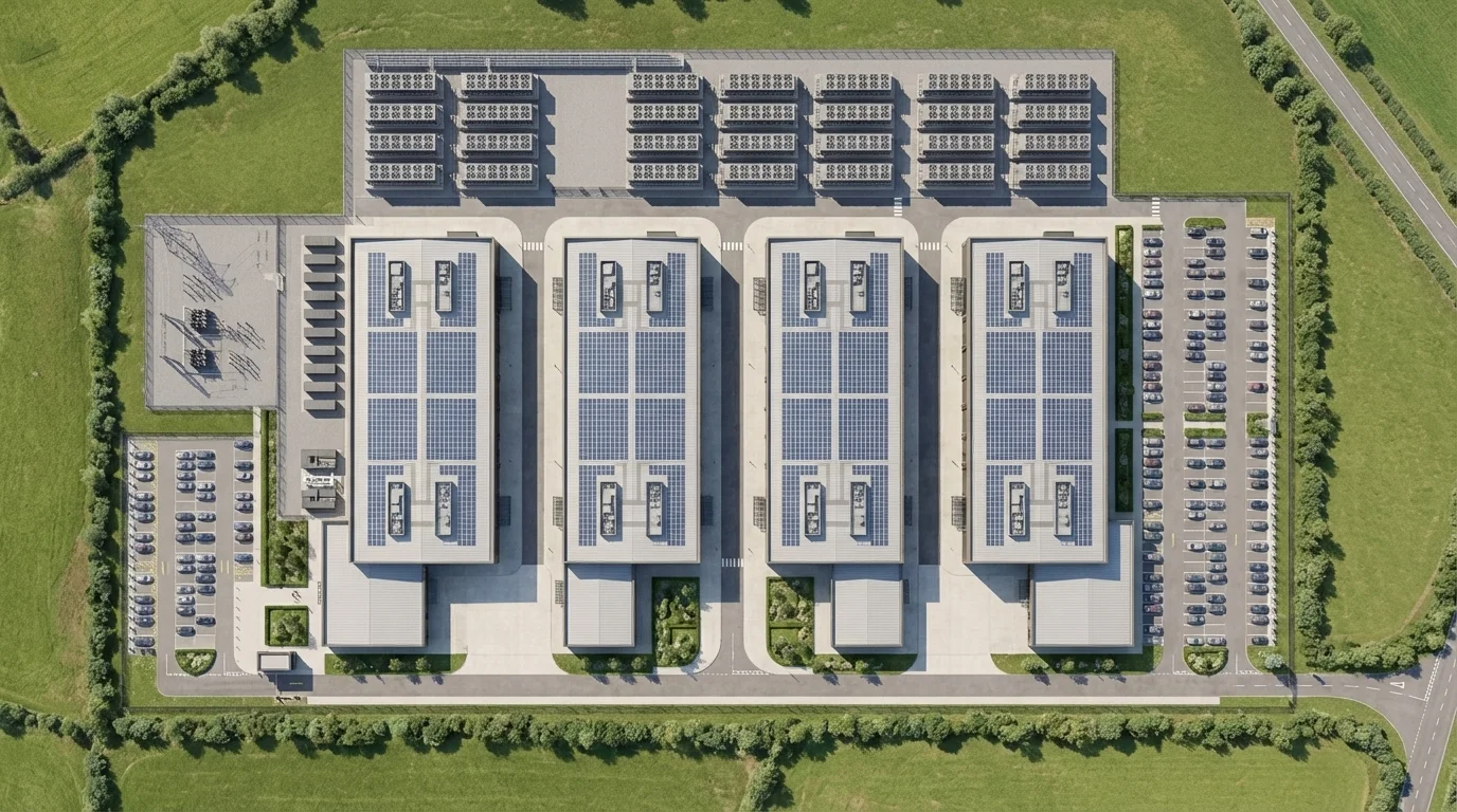 Masterplan CGI top-down aerial of the Hyperscale AI Data Centre Campus showing the data hall footprint, plant yard, on-site substation compound, parking, and perimeter landscape bunds, by StratumCGI