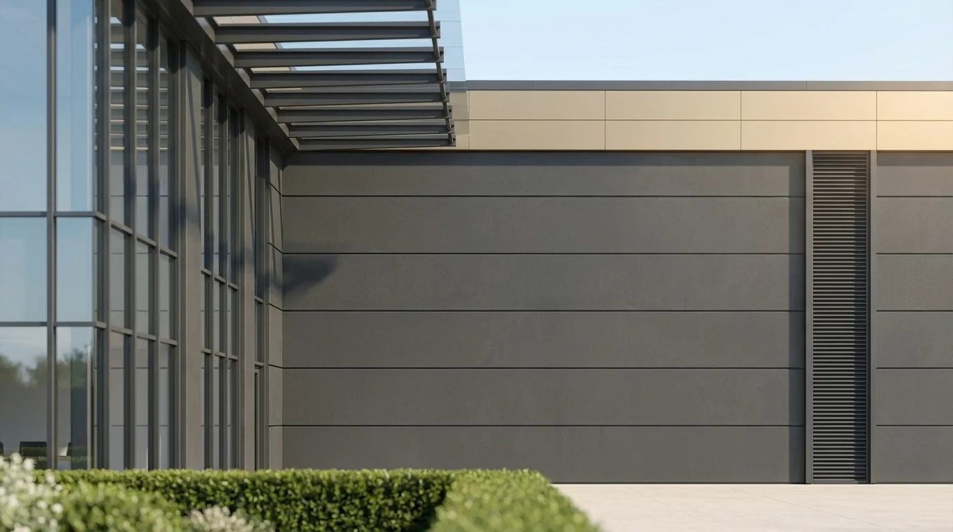 Facade detail CGI showing the anthracite RAL 7016 precast panels, mid-grey RAL 7035 aluminium cladding bands, and vertical MEP louvre strips of the data hall, by StratumCGI