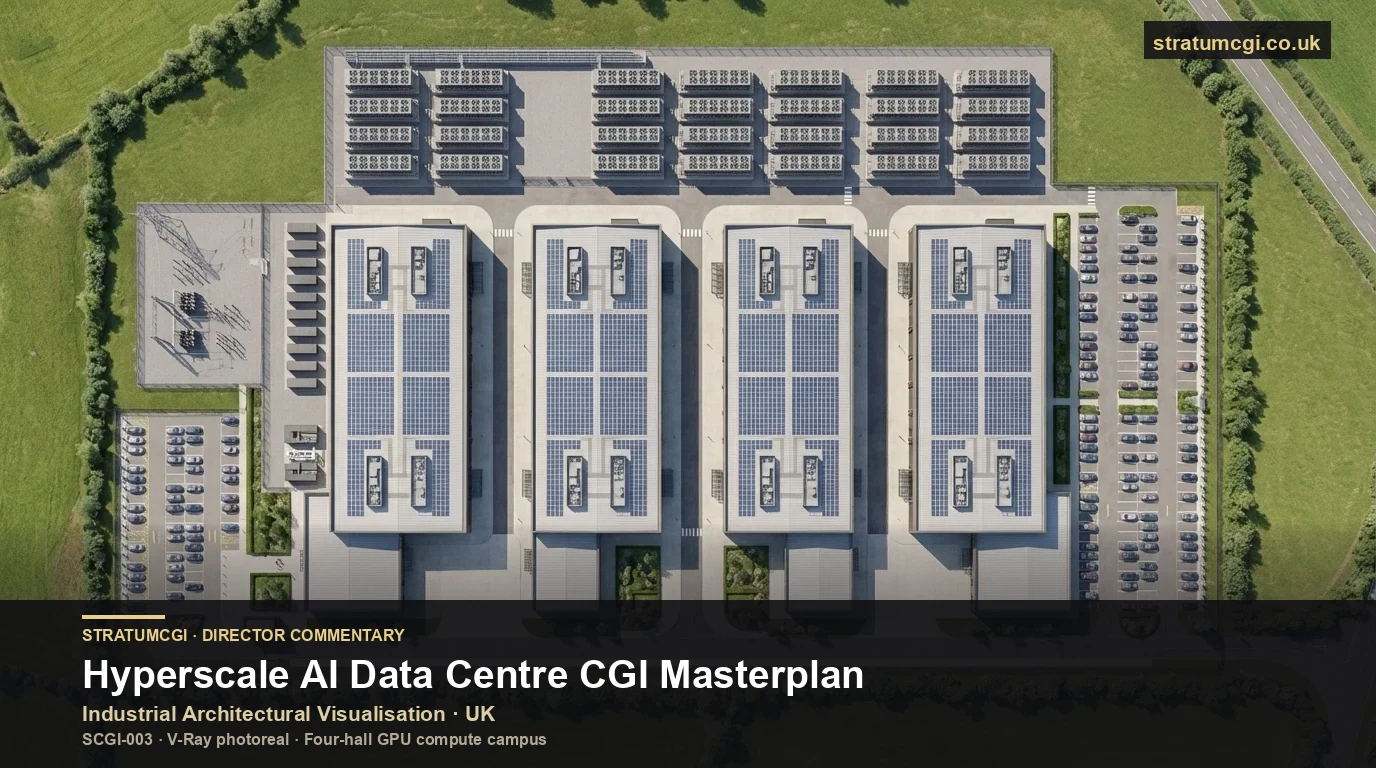 Industrial architectural visualisation of a hyperscale data centre CGI masterplan for the UK North West, Tier III+ mission-critical campus rendered in V-Ray by StratumCGI, director commentary frame from SCGI-003 anonymised case study