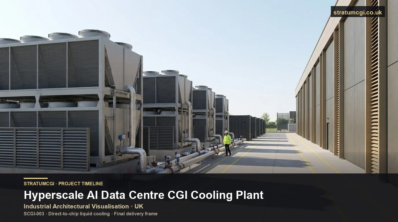 Industrial architectural visualisation of a hyperscale data centre CGI plant yard showing the external chiller array, backup generator line, and on-site substation compound, UK North West, final delivery frame by StratumCGI, SCGI-003 anonymised case study