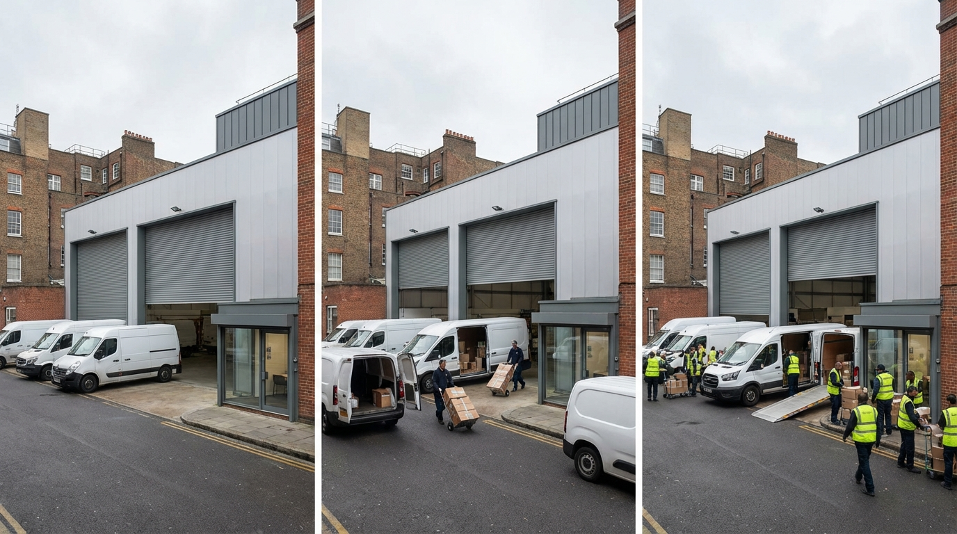 Warehouse CGI showing the same urban depot shell with active courier dispatch cues, proving higher-frequency van-led operation.