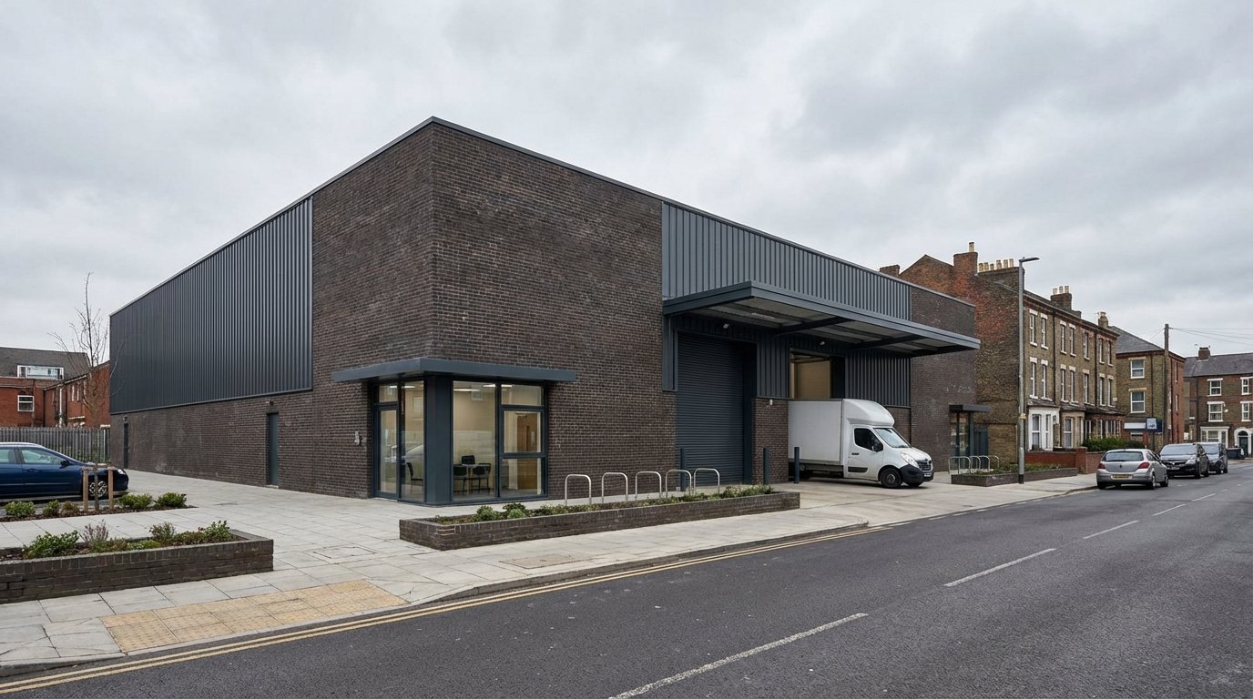 Warehouse CGI showing the same urban depot shell with neighbour-sensitive frontage treatment, proving a calmer planning-led street relationship.