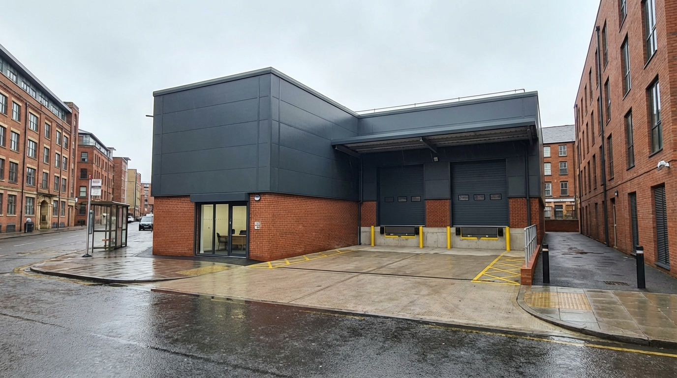 Warehouse CGI showing the same urban depot shell with neutral frontage and controlled access, proving a planning-safe street-level read.