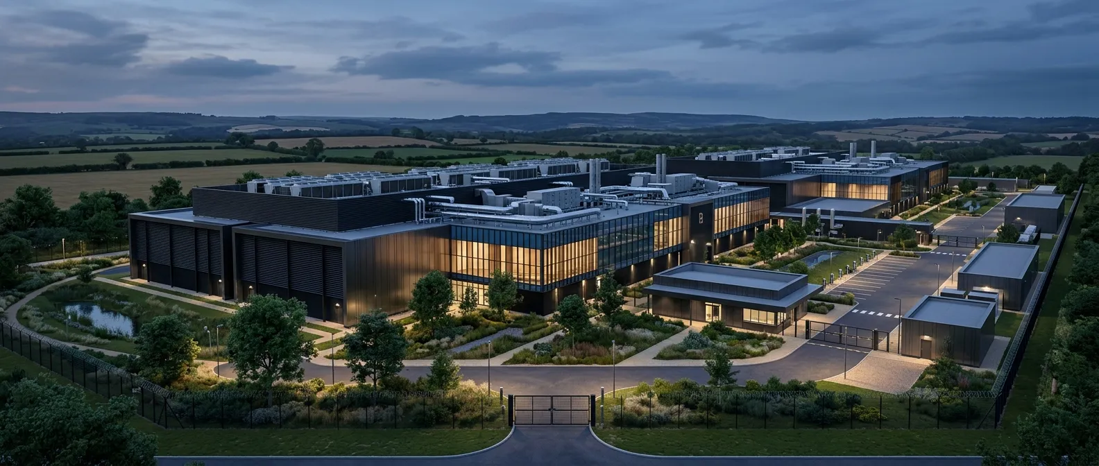 North West Hyperscale Data Centre CGI (SCGI-002, anonymised) showing a mission-critical campus exterior in North West England