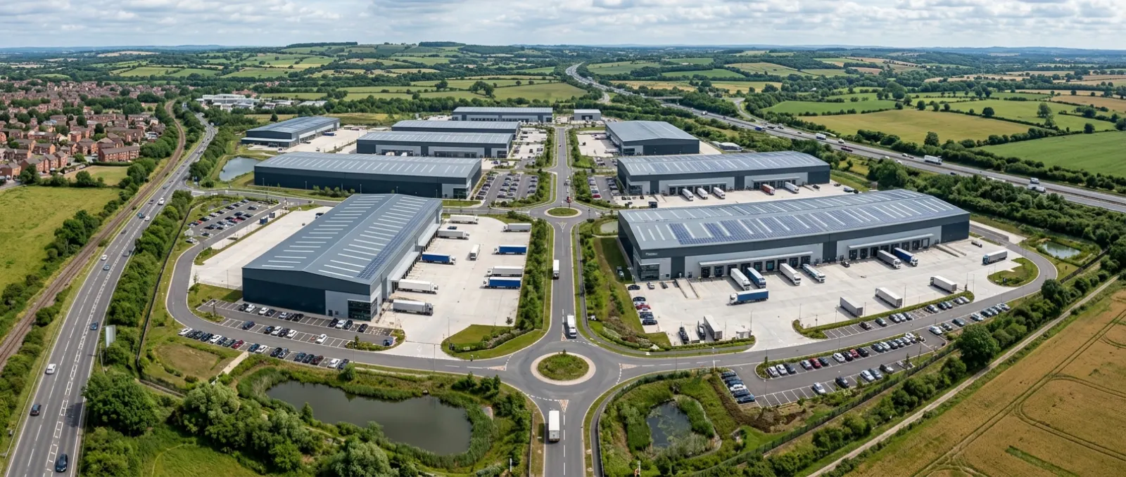 Distribution centre CGI showing multi-unit warehouse layout with HGV circulation and service yards, industrial architectural visualisation by StratumCGI