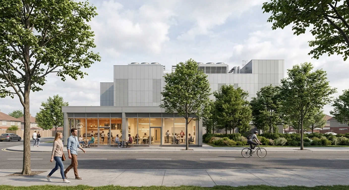 Data centre CGI showing ground-level active SME commercial frontage with cafe and co-working space at street level, mature trees, and the hyperscale data hall set behind a landscape buffer for UK urban planning context