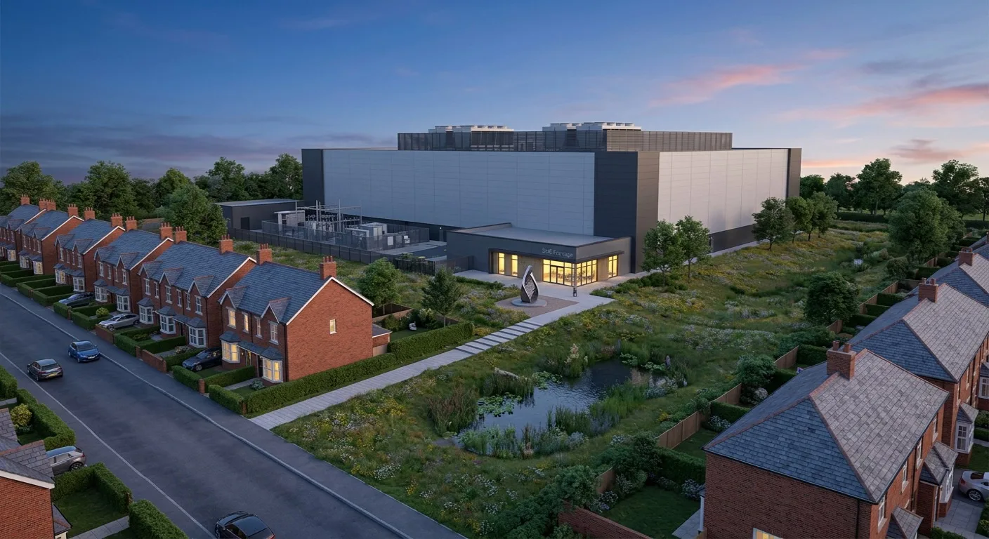 Data centre CGI showing the planning challenge: an urban data centre with insufficient mitigation where the data hall reads as exposed and dominant against adjacent UK residential houses, illustrating why neighbour-cone context modelling matters