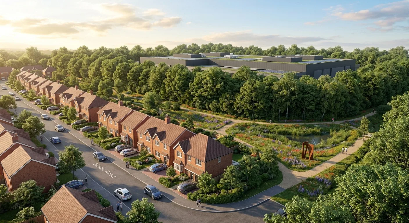 Data centre CGI showing properly mitigated oblique residential context with mature tree screening, biodiversity net gain buffer, and SME public realm route between the data hall and adjacent UK houses, planning-grade neighbour amenity visualisation