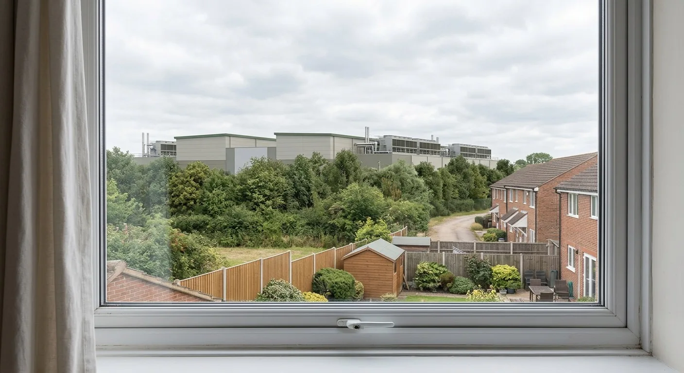 Neighbour-perspective verified view data centre CGI from a UK first-floor residential window showing landscape buffer, mature tree screening, and partial visibility of the data hall for planning submission