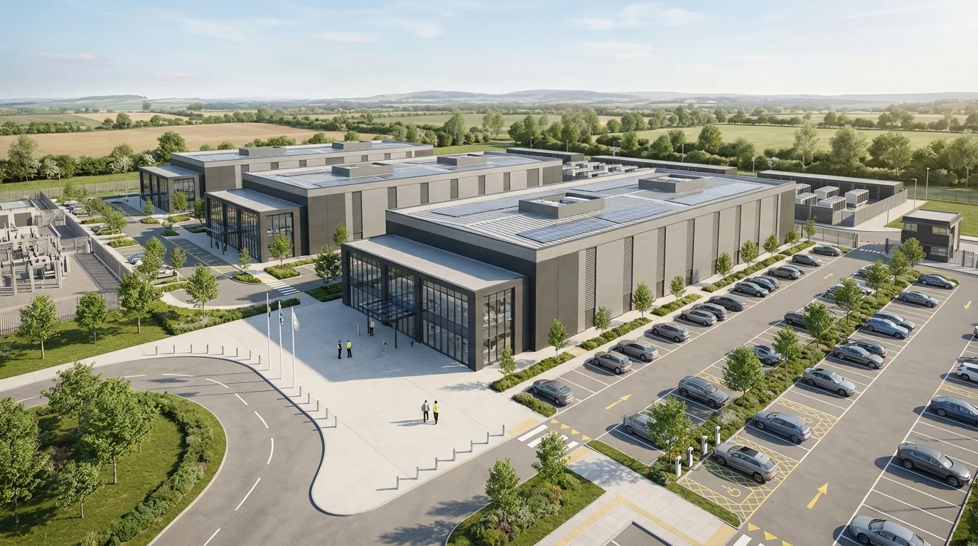 AI and hyperscale data centre CGI sector cover, UK Tier III+ mission-critical campus by StratumCGI