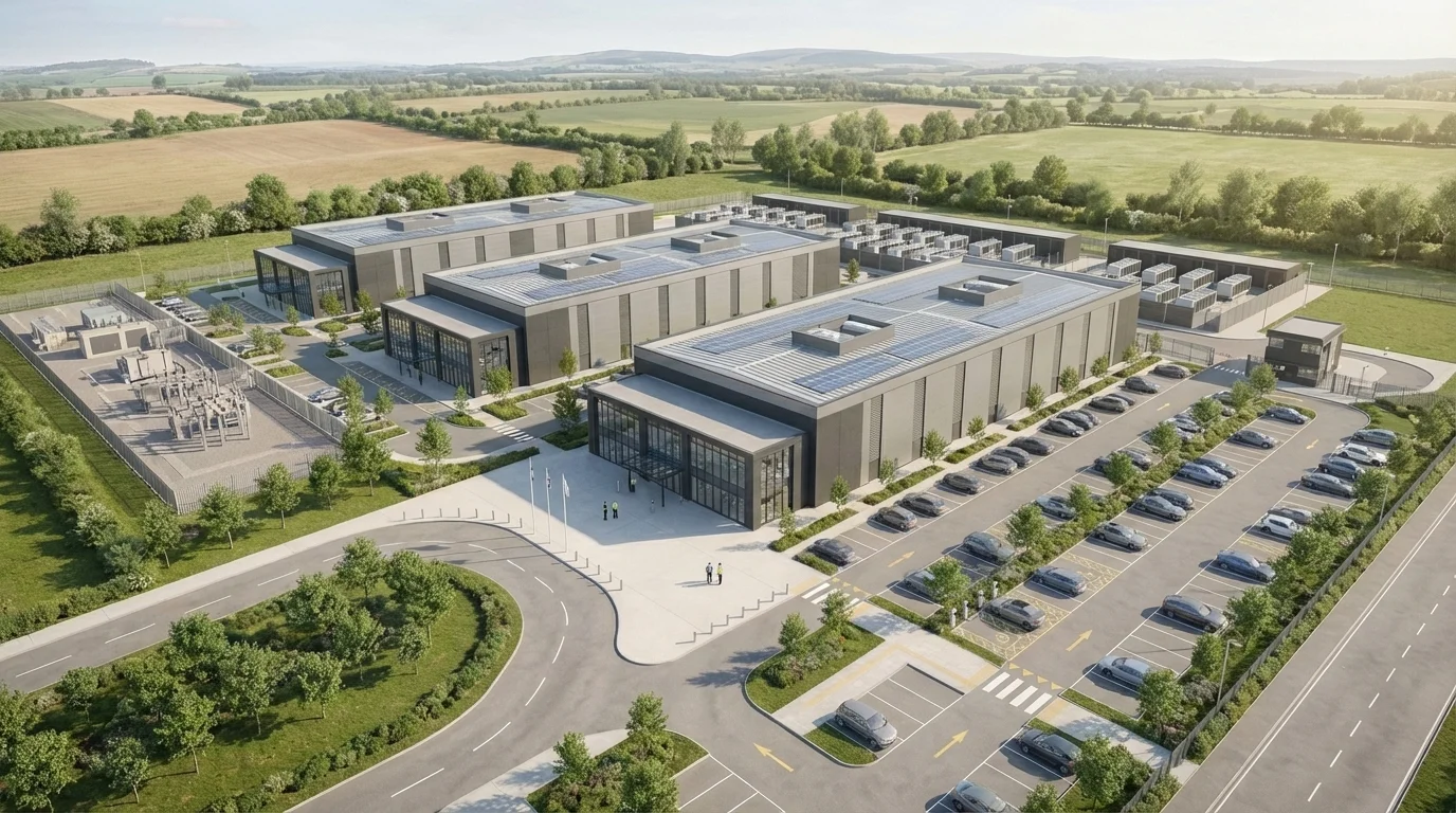 Aerial context CGI of the North West Hyperscale Data Centre showing the data hall volume, chiller yard, backup generator line, on-site substation, and rooftop plant enclosures, by StratumCGI
