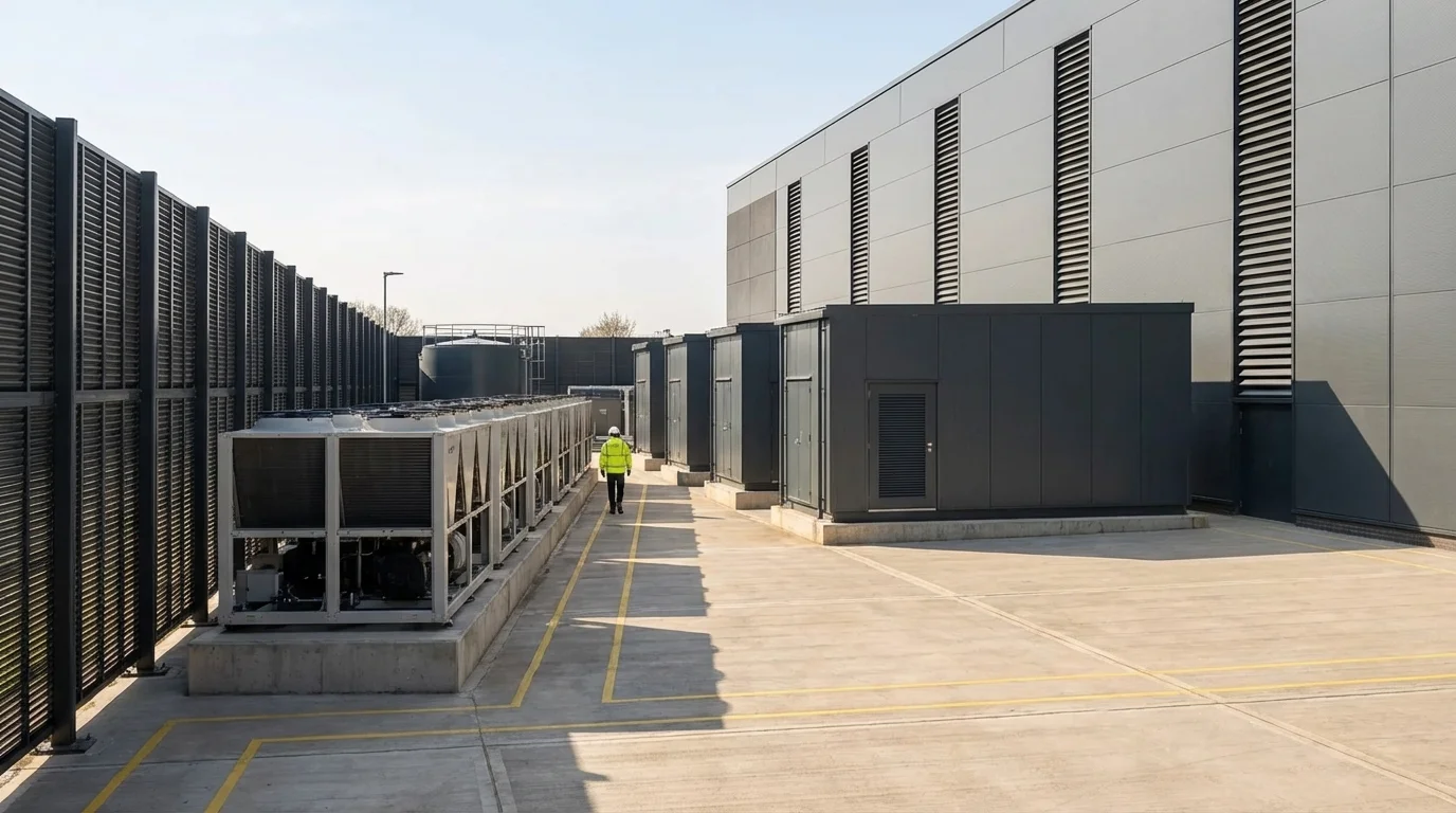 Plant yard CGI showing the external chiller array on raised concrete plinth, louvred acoustic screens, backup diesel generator housings, and fuel storage compound, by StratumCGI