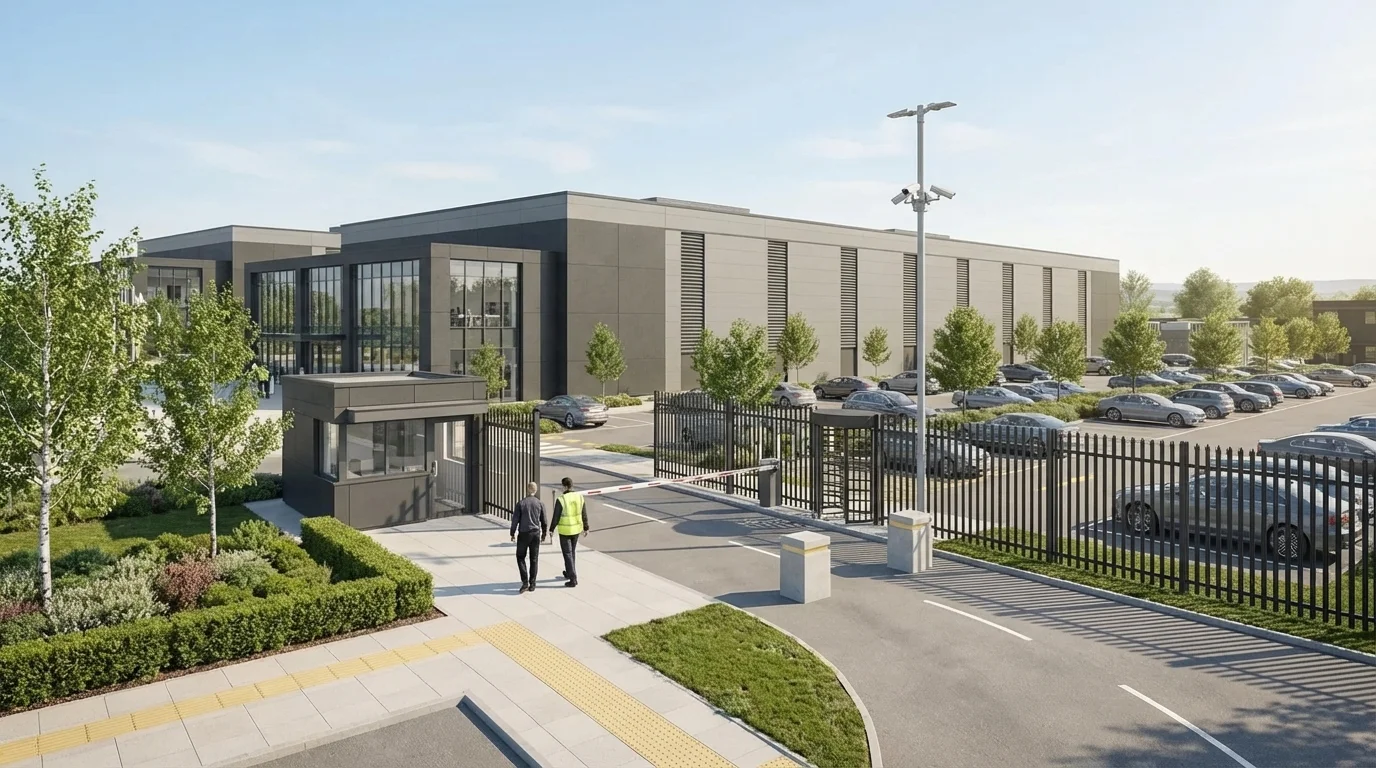 Data centre CGI daylight ground-level view showing office frontage and people at the security entrance
