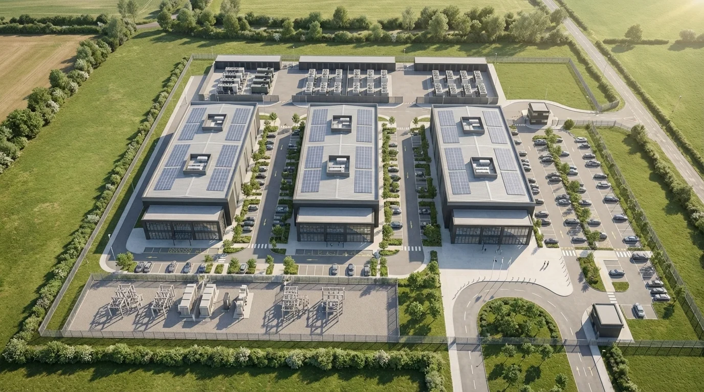Masterplan CGI top-down aerial of the North West Hyperscale Data Centre showing the data hall footprint, plant yard, on-site substation compound, parking, and perimeter landscape bunds, by StratumCGI