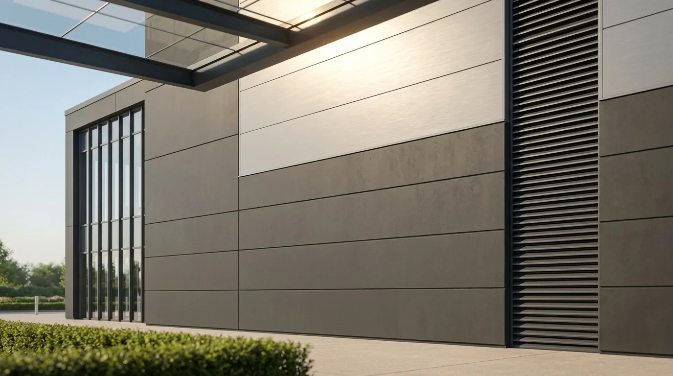 Facade detail CGI showing the anthracite RAL 7016 precast panels, mid-grey RAL 7035 aluminium cladding bands, and vertical MEP louvre strips of the data hall, by StratumCGI