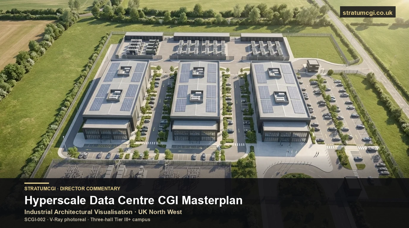 Industrial architectural visualisation of a hyperscale data centre CGI masterplan for the UK North West, Tier III+ mission-critical campus rendered in V-Ray by StratumCGI, director commentary frame from SCGI-002 anonymised case study