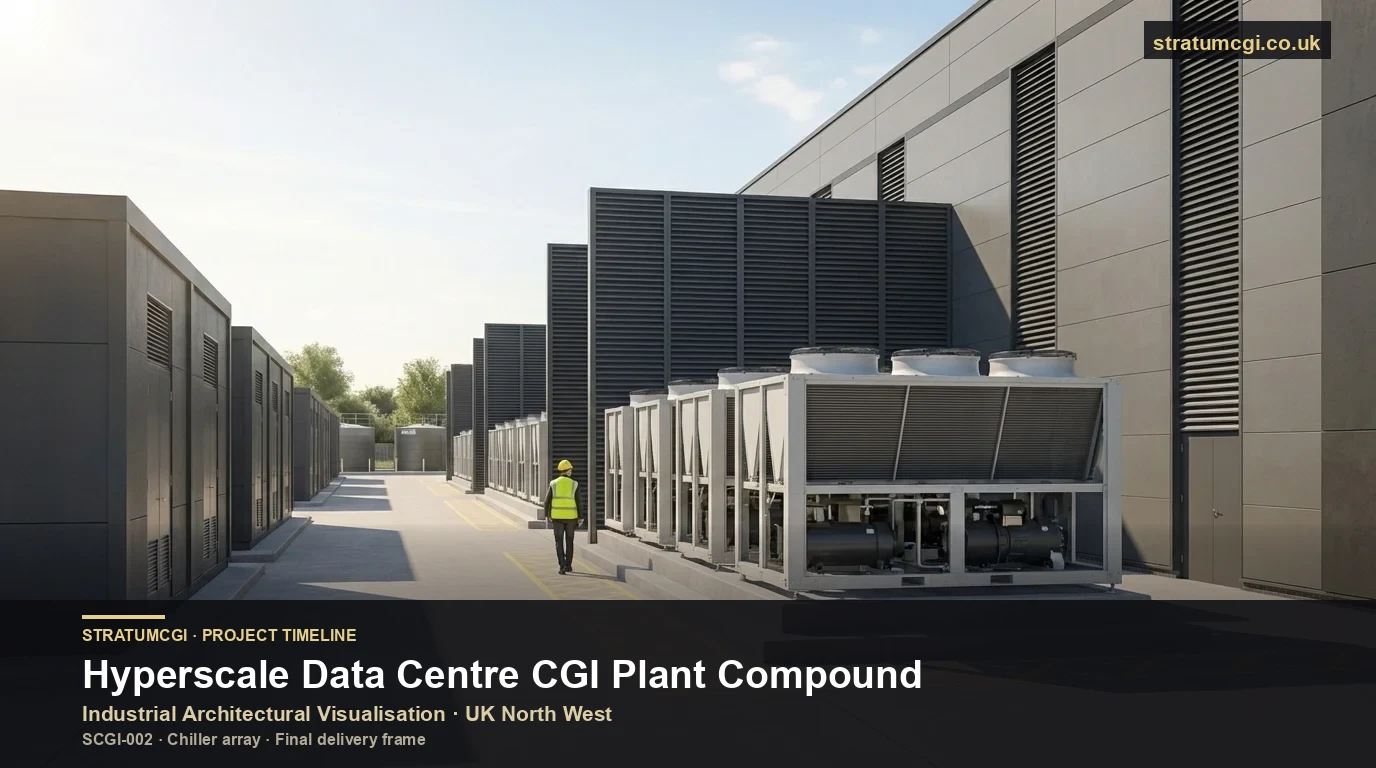Industrial architectural visualisation of a hyperscale data centre CGI plant yard showing the external chiller array, backup generator line, and on-site substation compound, UK North West, final delivery frame by StratumCGI, SCGI-002 anonymised case study