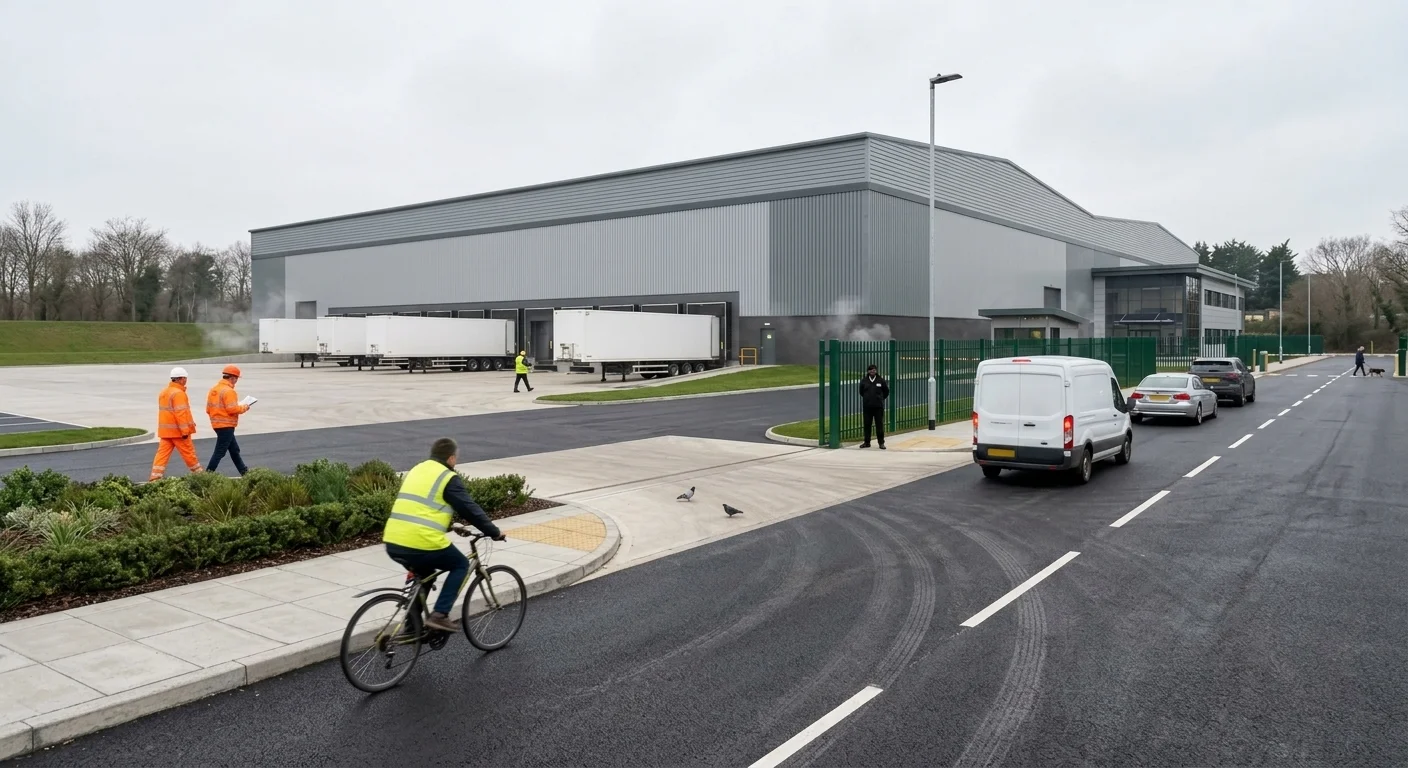 Distribution centre planning photomontage after image, same camera viewpoint showing the approved distribution centre composited in place with grey profiled metal cladding, dock line and white articulated HGV trailers at the dock face, deep concrete service yard, palisade boundary fencing, landscape bund with mature trees, glazed two-storey office block, and estate road to a gatehouse, under grey British overcast sky, architectural visualisation by StratumCGI