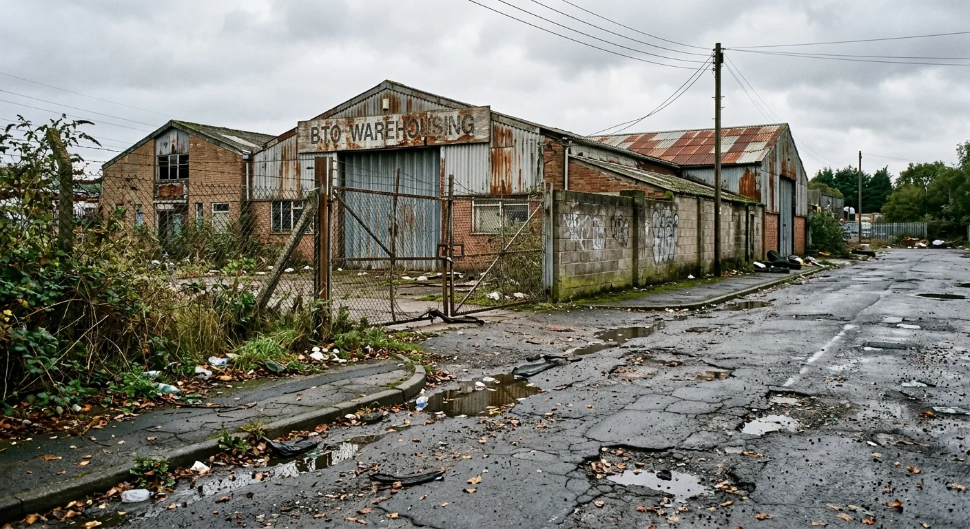 Distribution centre planning photomontage before image, street-level eye-level photograph of a dilapidated UK urban-edge industrial site with cracked tarmac road, overgrown weeds, peeling corrugated metal sheds, rusted roof panels, broken chain-link fencing, grey overcast British sky, and sagging power lines, representing pre-development site conditions for a planning photomontage by StratumCGI