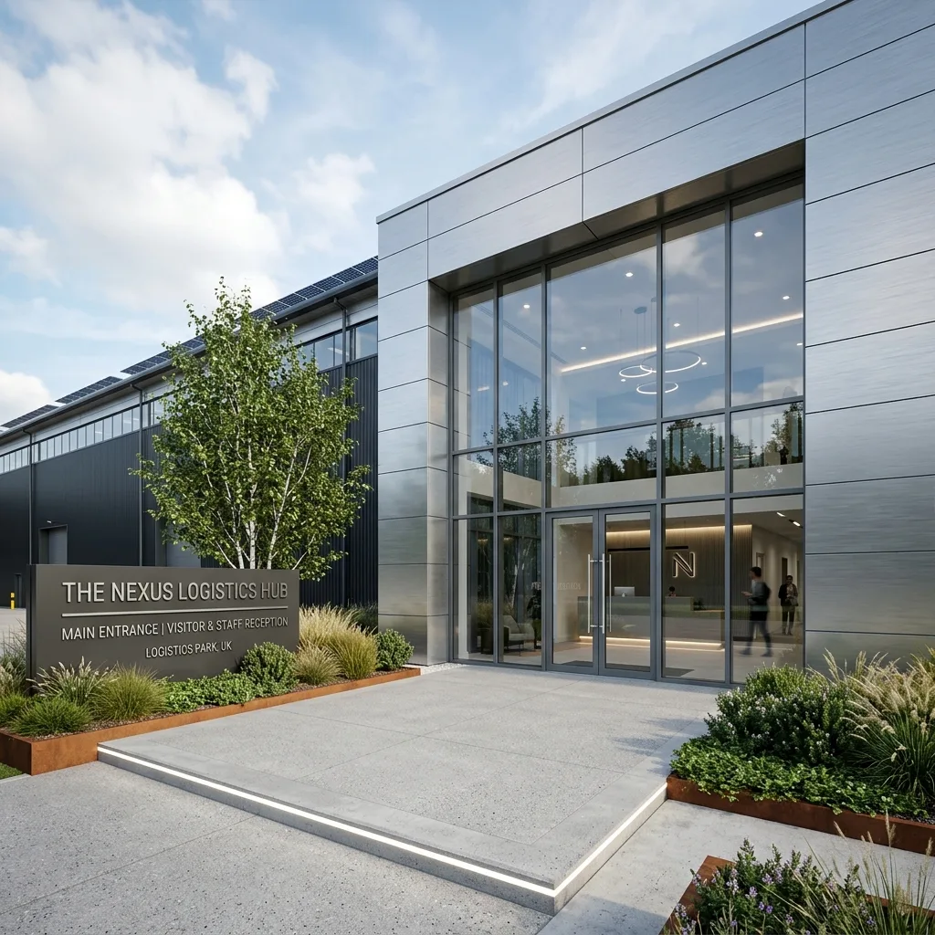 Warehouse CGI base modelling render showing the verified shell, structural grid, dock line, yard geometry, and landscape context at week-one for a UK big-box logistics scheme, industrial architectural visualisation by StratumCGI