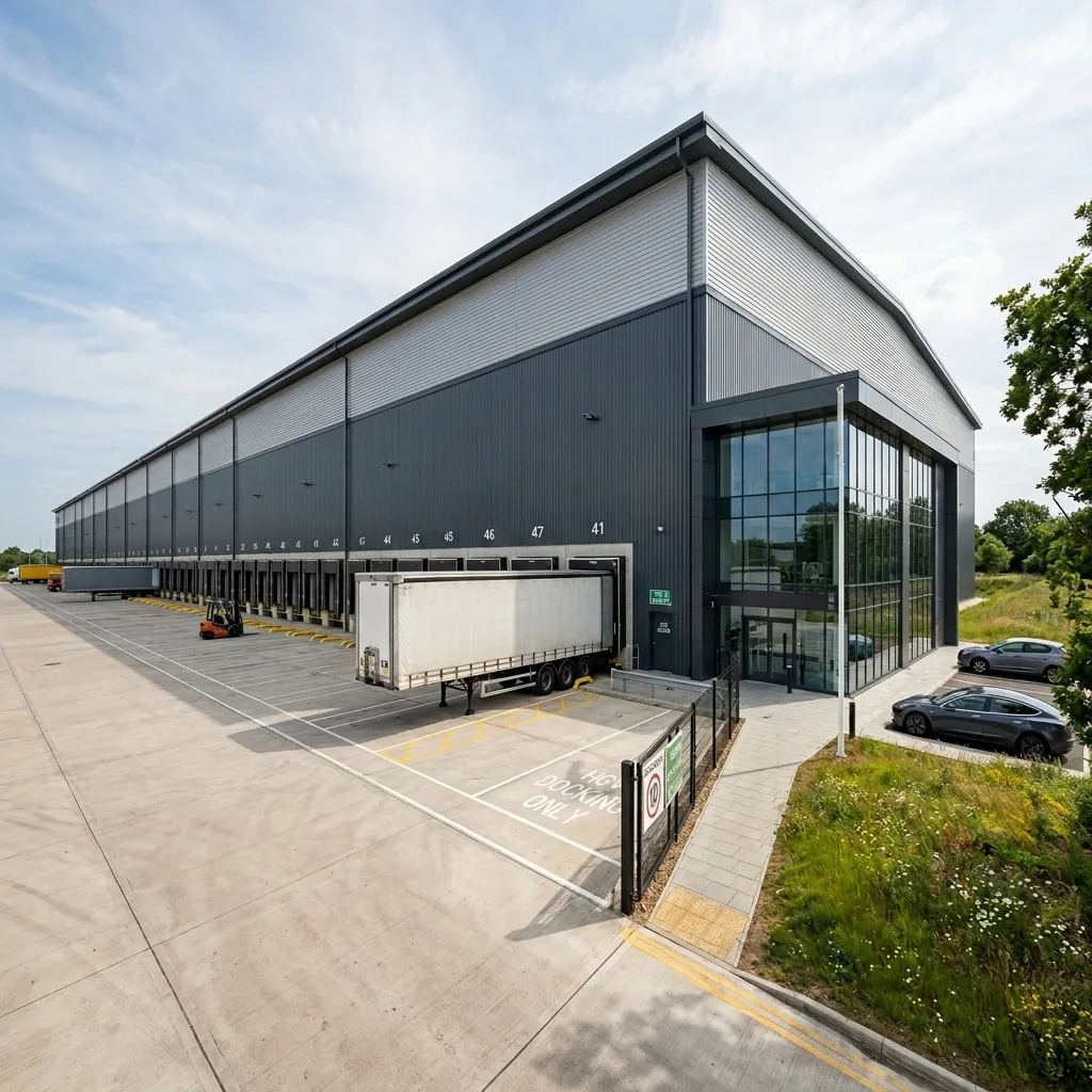 Warehouse CGI new-camera-position render, ground-level corner view of an unbranded UK distribution centre with ribbed silver and dark-grey cladding, full-length dock line with numbered doors, parked white articulated trailer, glazed corner office entrance, concrete service yard, and landscape buffer to the side, priced at the full frame rate because the new composition requires fresh camera, lighting setup, and render time while reusing the approved 3D model, industrial architectural visualisation by StratumCGI
