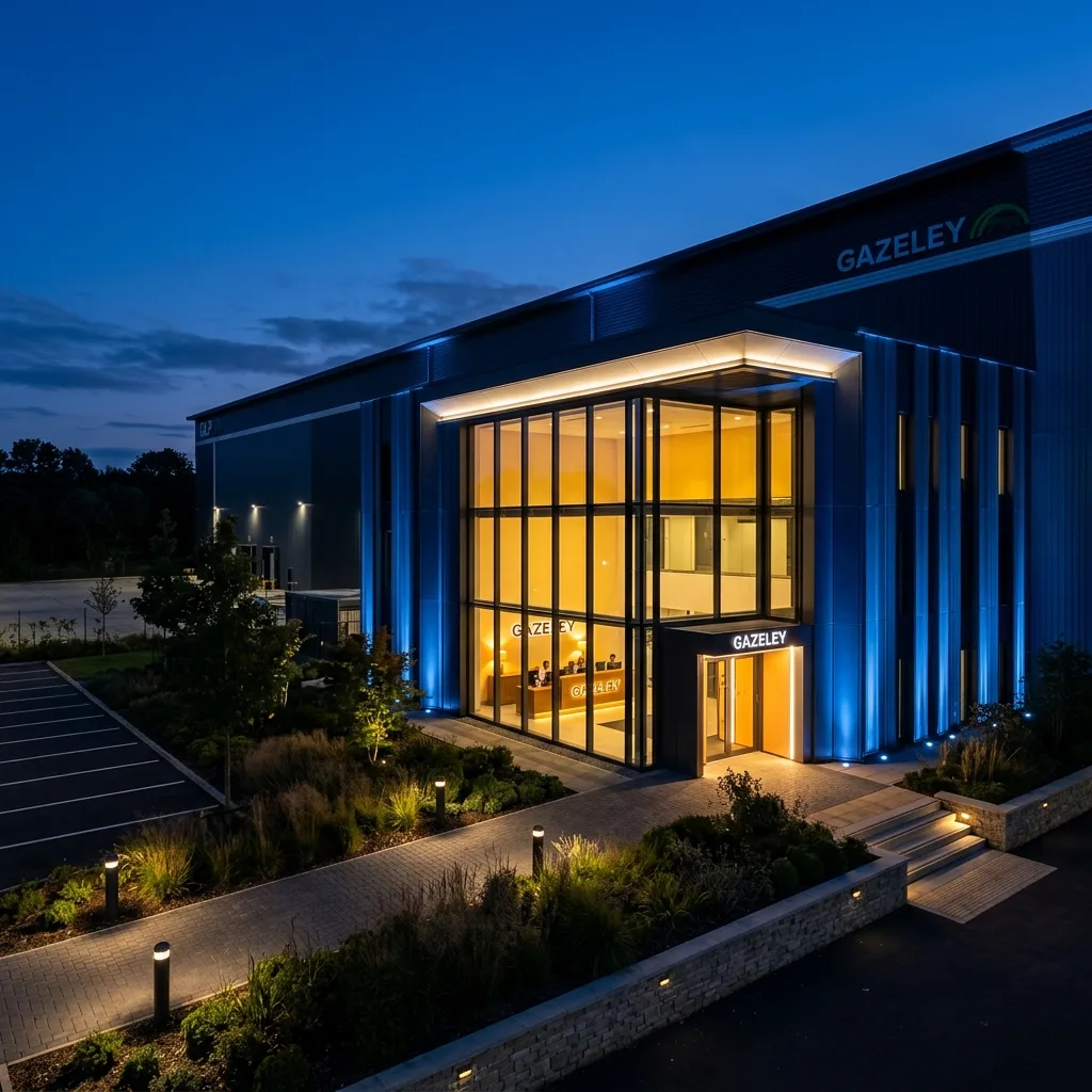 Warehouse CGI lighting variant render showing the approved logistics shell at dusk with warm facade glow and active service yard, reusing over 50% of the master model at the 40% reuse rate, industrial architectural visualisation by StratumCGI