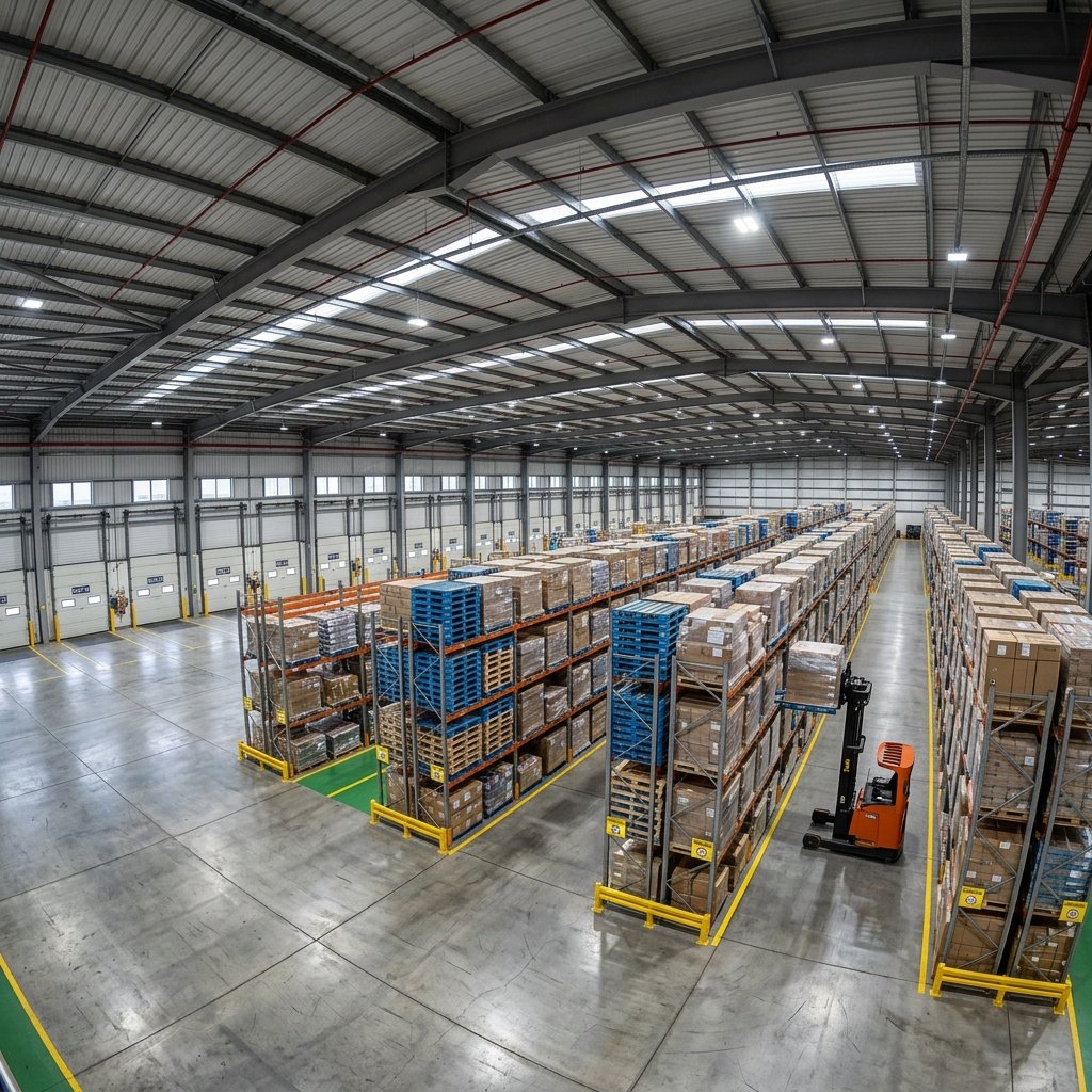 Warehouse interior CGI showing the same logistics shell in a wide-aisle APR configuration with five-level pallet racking, 3.0 metre aisles, and reach-truck access for standard pallet distribution