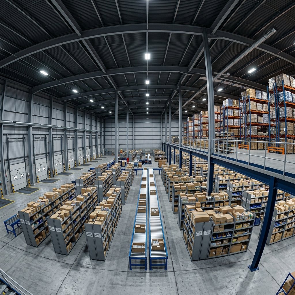 Warehouse interior CGI showing the same logistics shell configured for mezzanine fulfilment with a 6 metre platform, pick-face shelving, and conveyor sortation feeding the dock zone